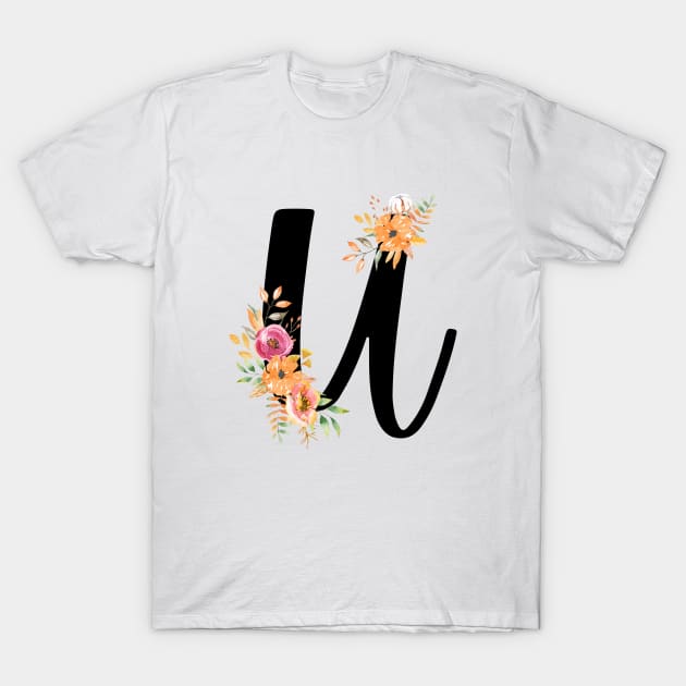 Letter U With Watercolor Floral Wreath T-Shirt by NatureGlow